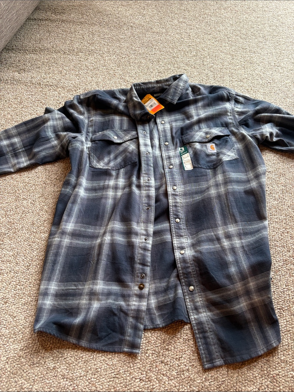 Carhartt Men's Blue and Gray Plaid Button-Front Work Shirt